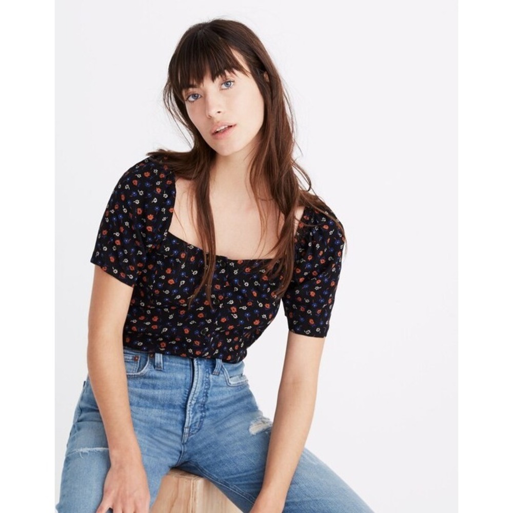 Madewell Seamed Square-Neck Top in Prairie Posies Floral Button Front Black XS